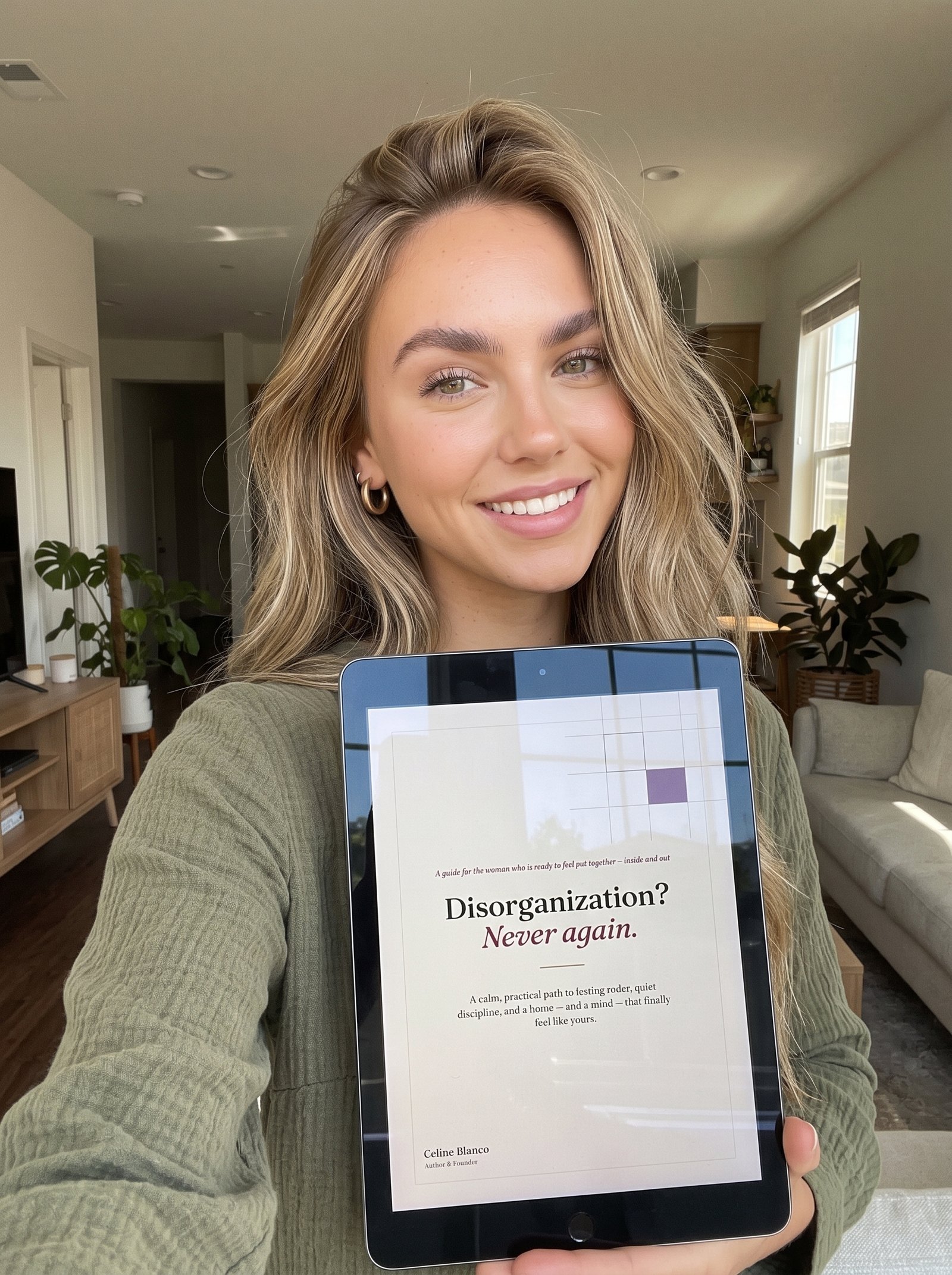 Celine Blanco holding her e-book